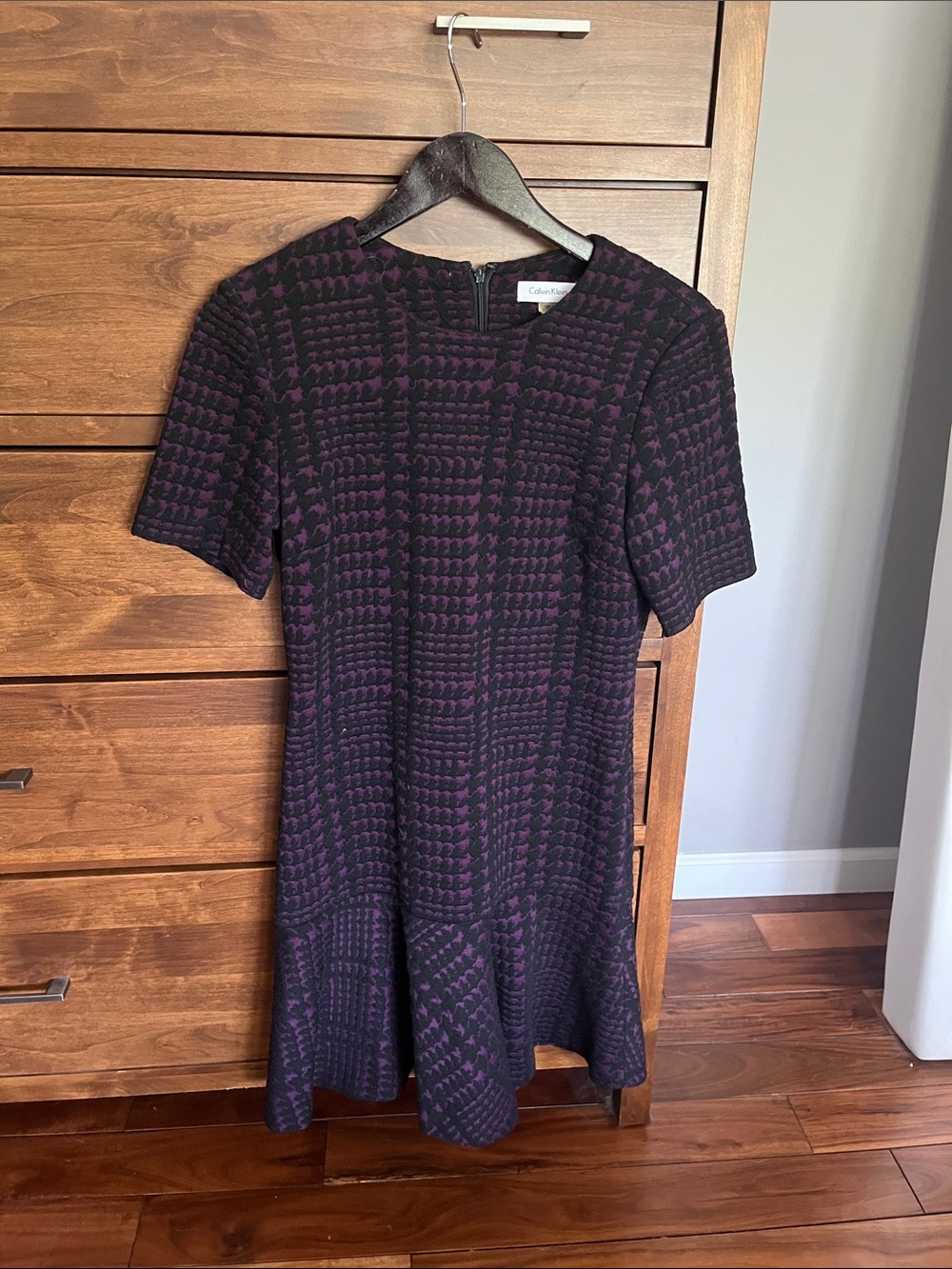 Calvin Klein Black and Purple Houndstooth Fit-and-Flare Mini Dress